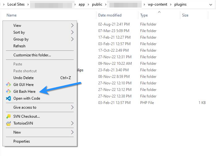 Open Git Bash In WordPress Plugins Folder