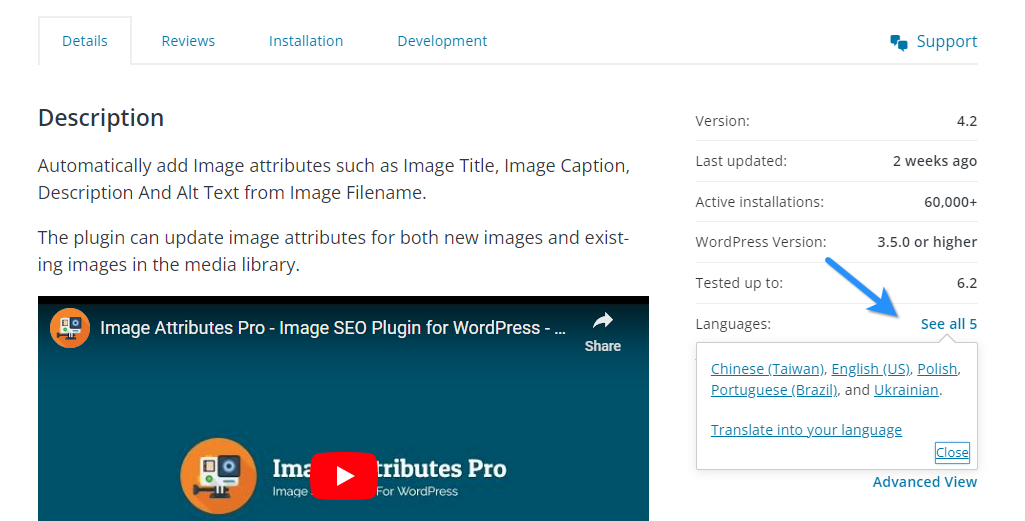 Language Packs Listed On Plugin Page On WordPress.org_