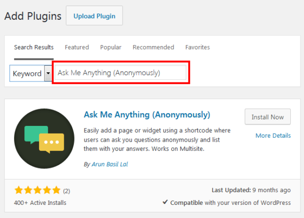 WordPress Admin Plugins Add New Ask Me Anything