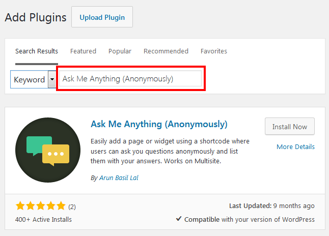 WordPress Admin   Plugins   Add New   Ask Me Anything